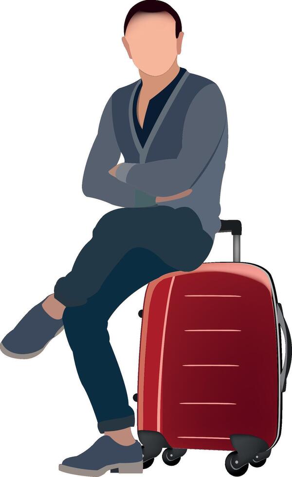 Young man sitting on luggage waiting at the airport vector