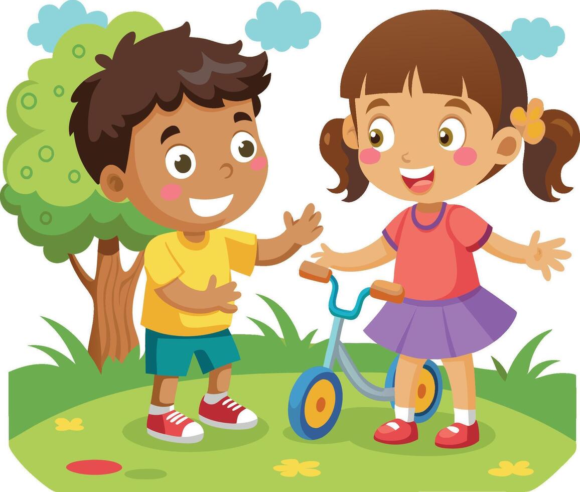 Happy children playing with tricycle in the park- vector