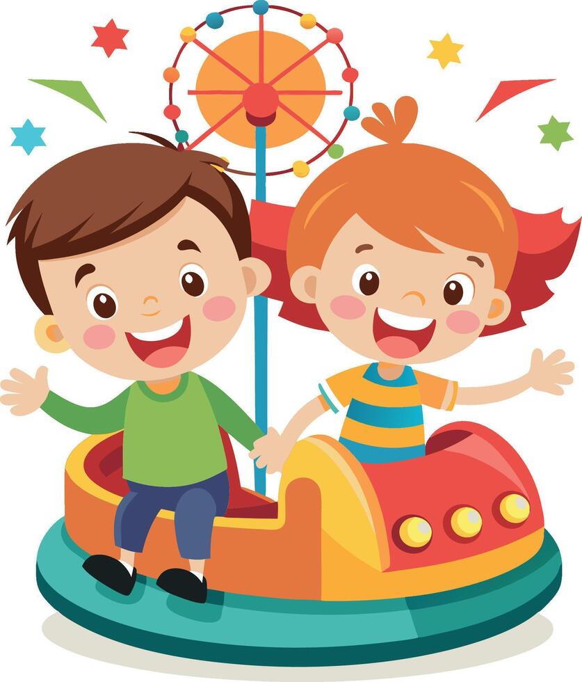 Happy kids having fun riding bumper cars at the amusement park- vector