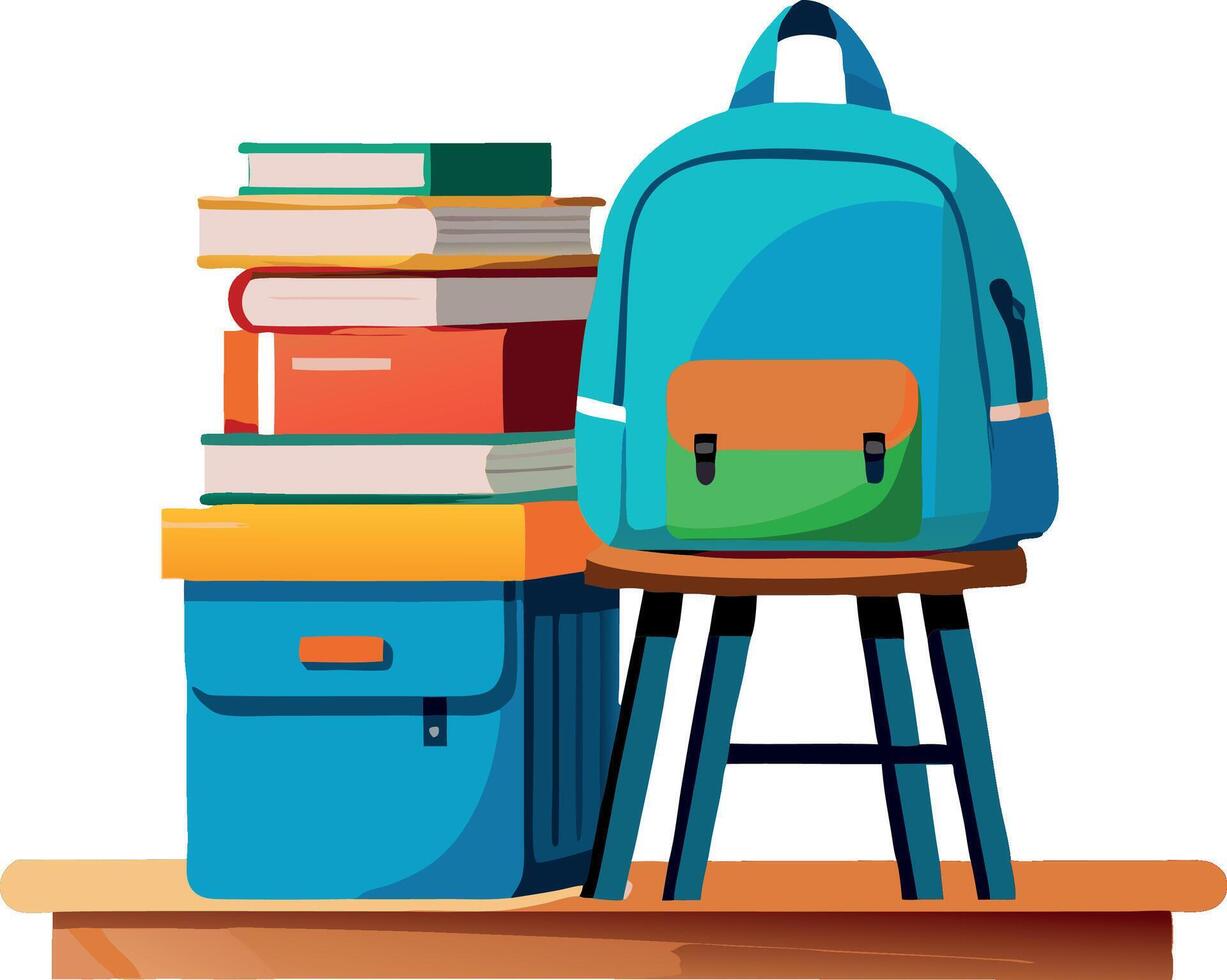 Blue backpack standing near stack of books on wooden stool vector