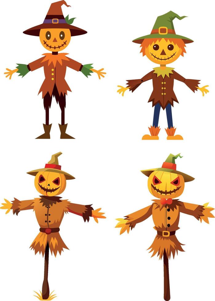 Four halloween pumpkin scarecrow wearing old clothes and hat standing posing vector
