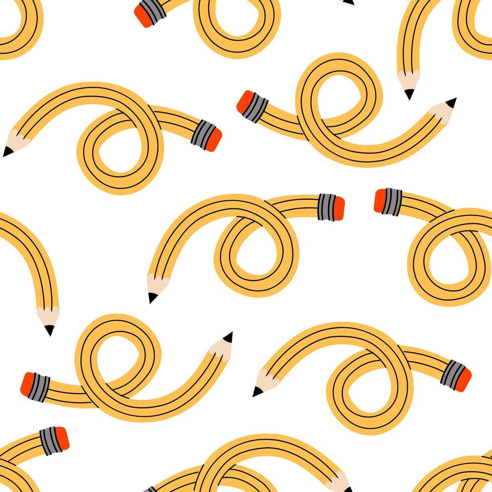 A seamless pattern with bended yellow pencils. Back to school concept. Office supply print. Background, textile, wallpaper, poster, banner, wrapping paper, packaging template. vector
