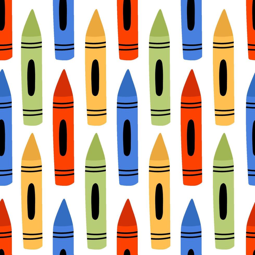 A seamless pattern with colorful wax crayons. Background, banner, texture, textile, wallpaper, wrapping paper, packaging template. Endless print with colored pencils. vector