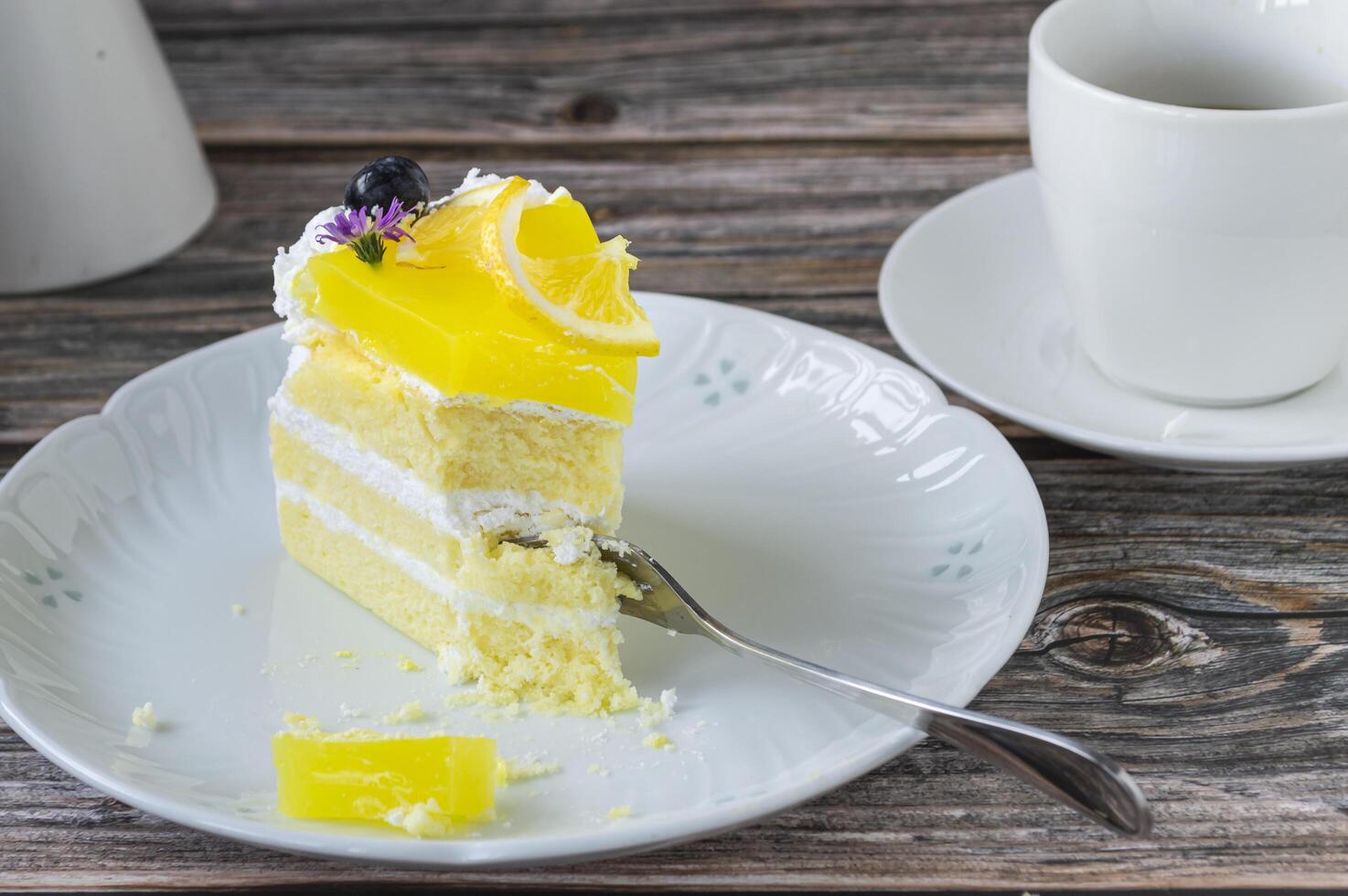 a piece of cake on a plate with a fork photo