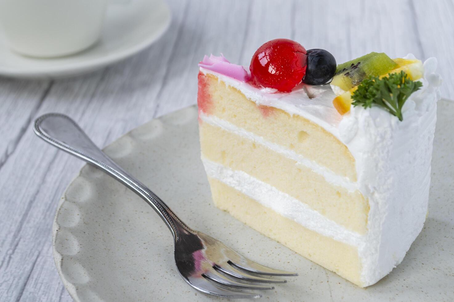 a piece of cake on a plate with a fork photo
