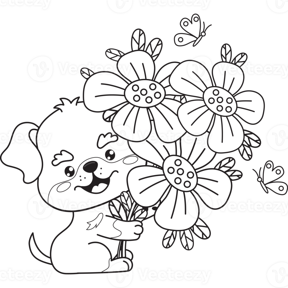Outline dog with bouquet of flowers png