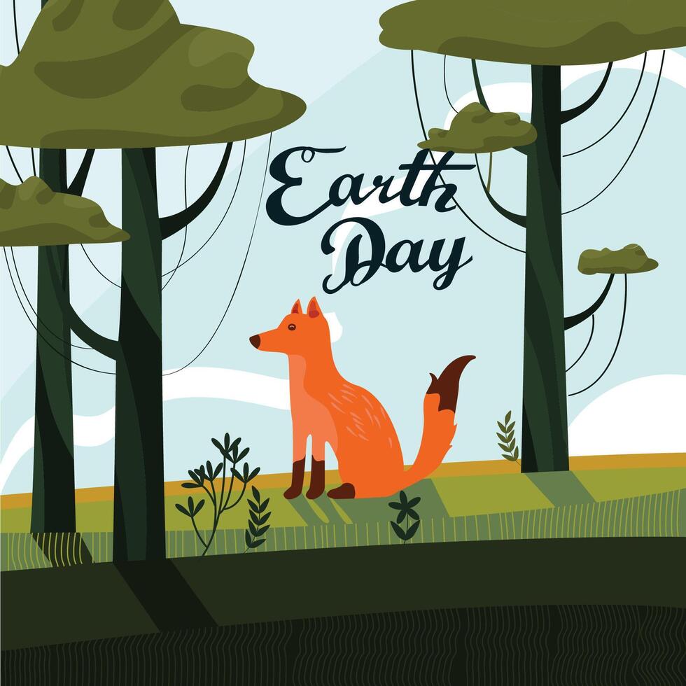 Red foxes walking through the dense summer forest with flowers and tall trees River in the forest vector