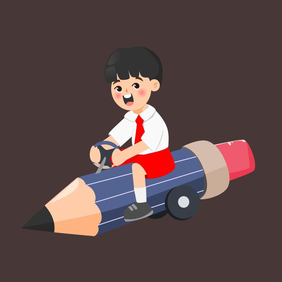 a cartoon Indonesian student boy riding a pencil vector