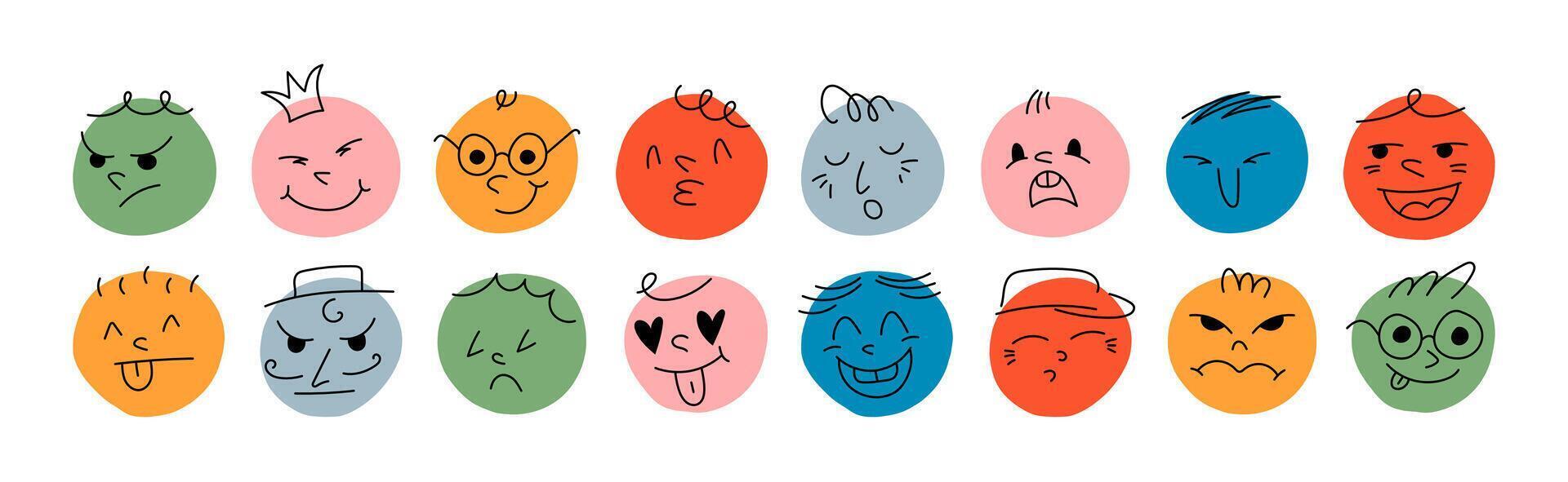Set of round funny characters with various face emotions. Colourful modern illustration with shapes happy sad angry smile faces for children. vector