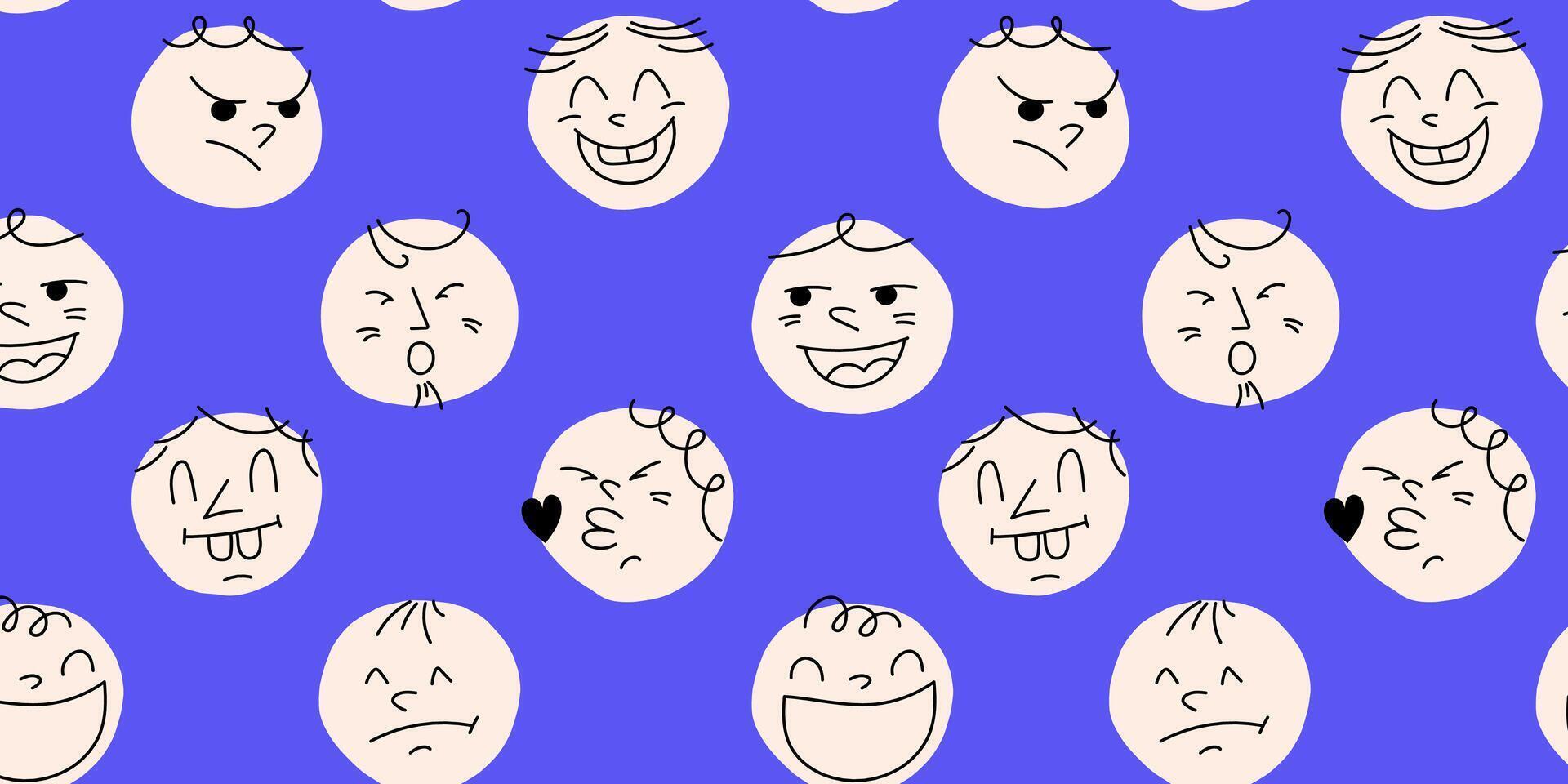 Fun Emoji Icons Seamless Pattern, Emoticon Doodle Faces Repeat Background Texture. Funky Joyful Illustration. Funny Characters Website. Different colorful characters. vector
