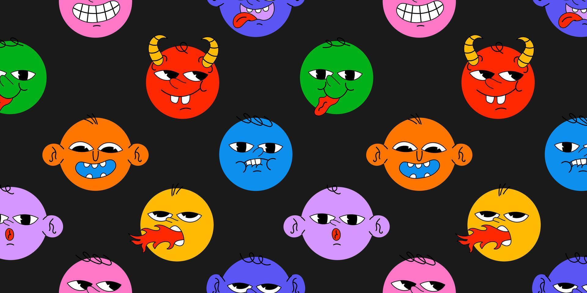 Fun Nerd Emoji Icons Seamless Pattern, Emoticon Doodle Faces Repeat Background Texture. Funky Joyful Illustration. Funny Characters Website Backdrop Design, Textile, Fabric Print, Cartoon Style vector
