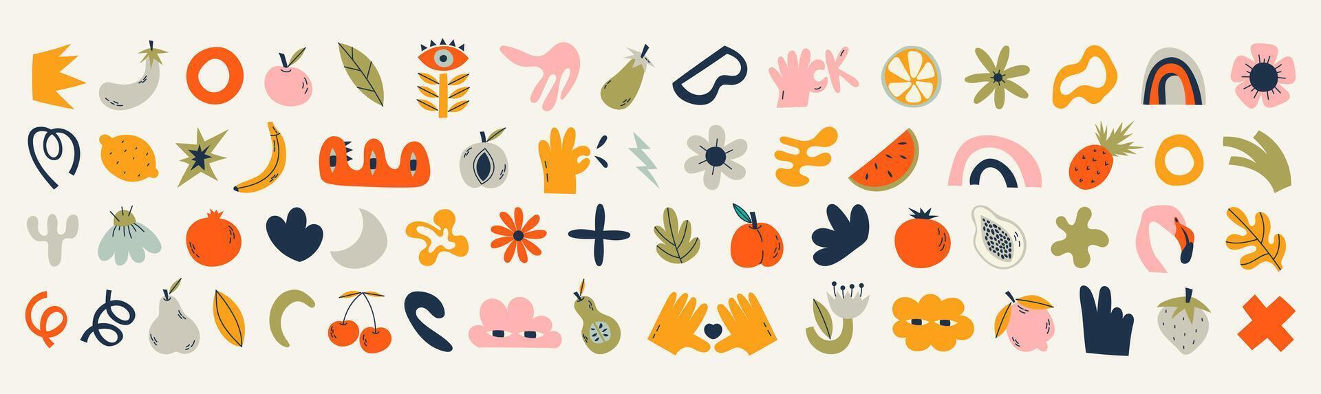 Set of cute abstract elements in kidcore style. 00s, 90s concept. Funny hippie and childish abstract shapes, fruits and objects. Naive art. Flat illustration on isolated background vector