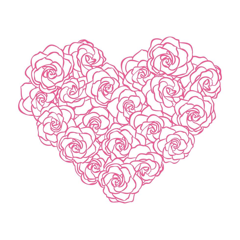 Floral hearts with rose Line art pink flower hearts background, hand drawn floral elements for Valentines day. illustrations for card or invitations, coloring book vector