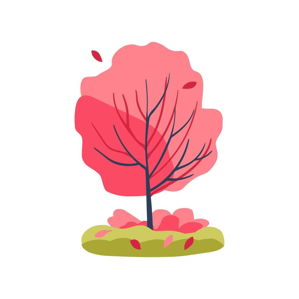 Hand drawn tree with red and pink leaves and grass. Simple design. Flat illustration. Icon vector