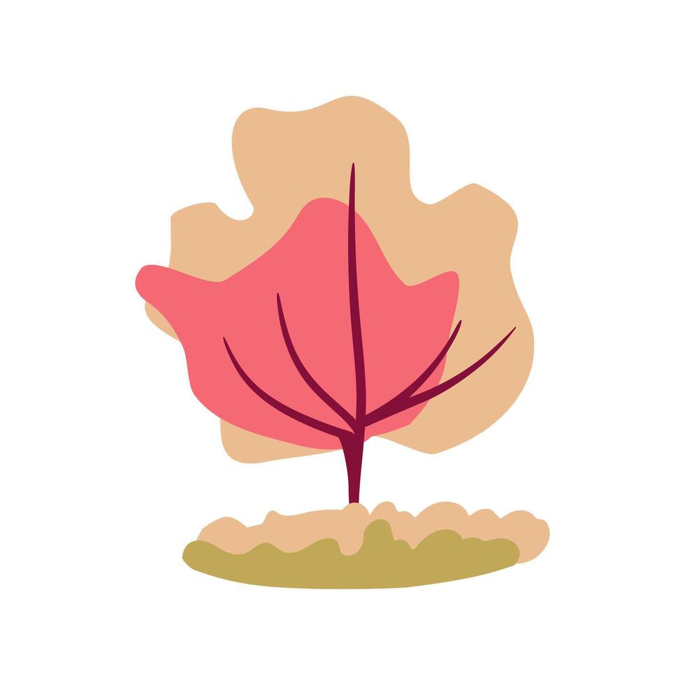 Hand drawn trees with coral branches, yellow leaves, and grass. Flat illustration. Icon. vector