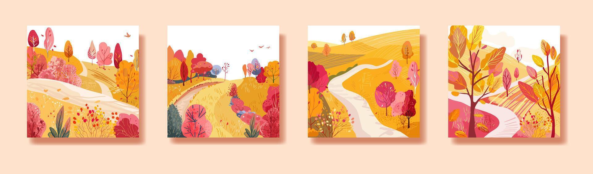 Set with places for travel Hand drawn. Autumn forest. vector