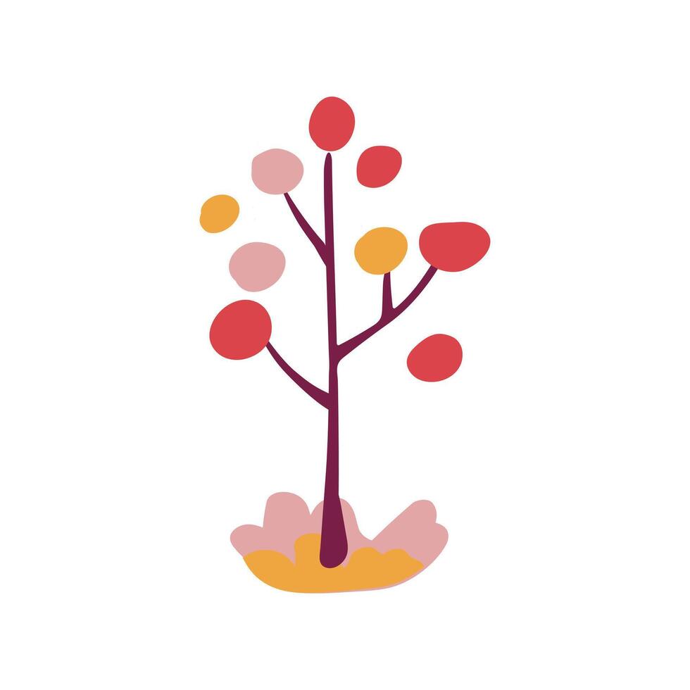 Hand drawn folk tree with red, yellow, and pink colors. Simple design. Flat Icon. vector