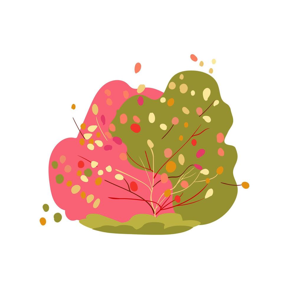 Hand drawn bush with orange, pink, and green leaves. Autumn and spring themes. Simple design. Flat Icon. vector
