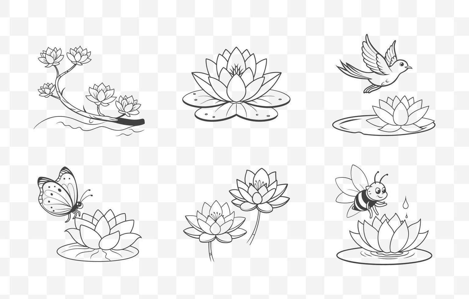 Print Elegant Water Lily Flower Line Art Set for Floral Illustrations and Botanical Designs vector