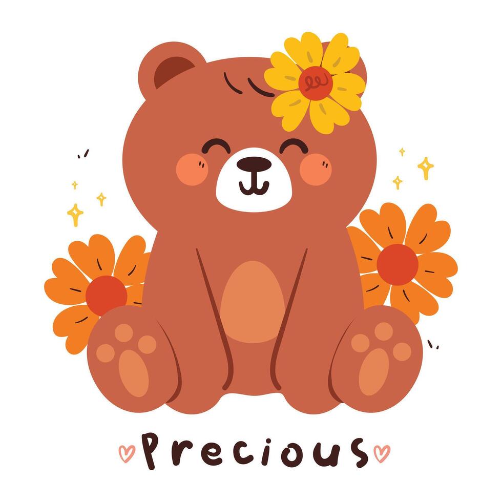 cute card with cartoon bear and flower. animal card with spring vibes vector