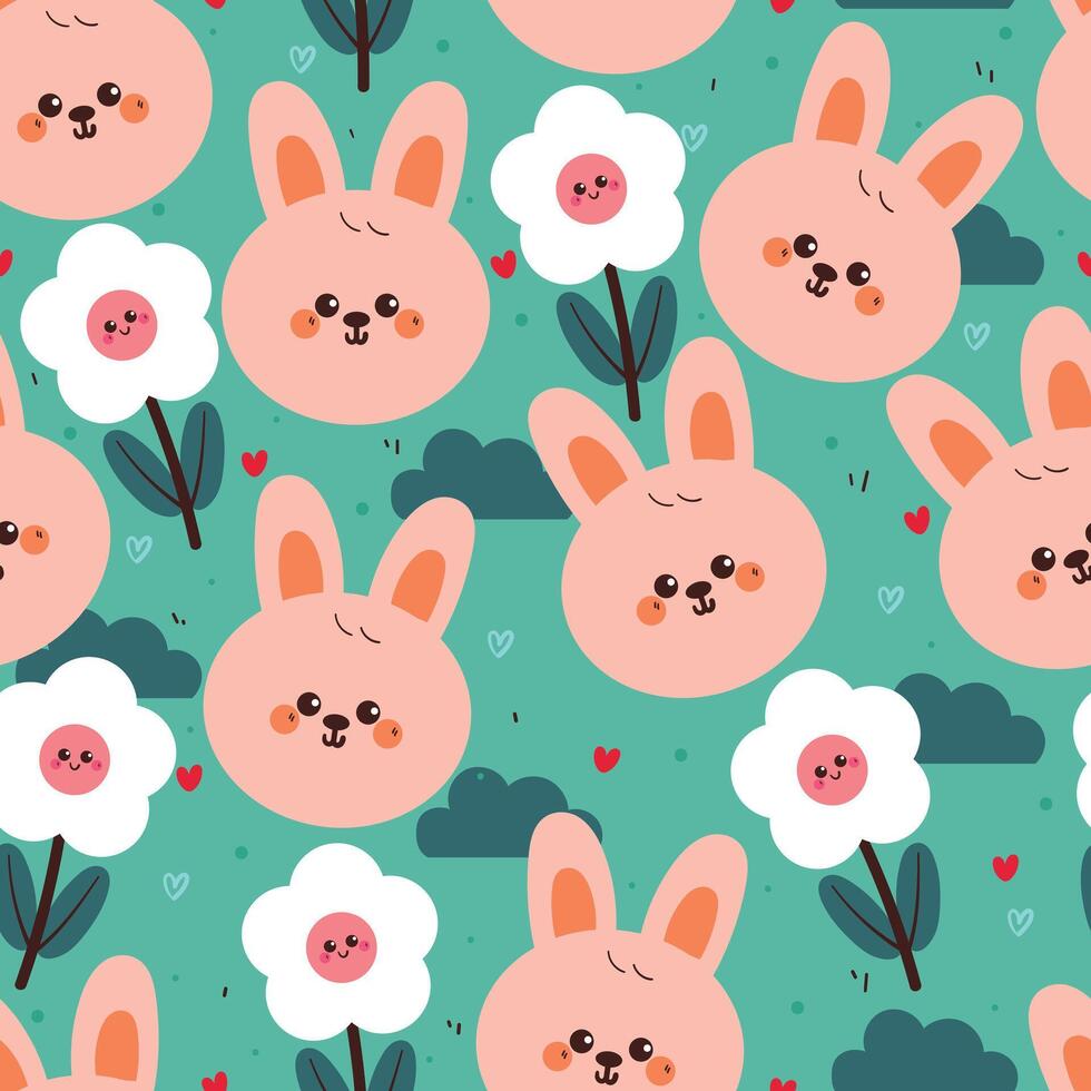 seamless pattern cartoon bunny with flower and clouds. cute wallpaper for fabric print, gift wrap paper vector