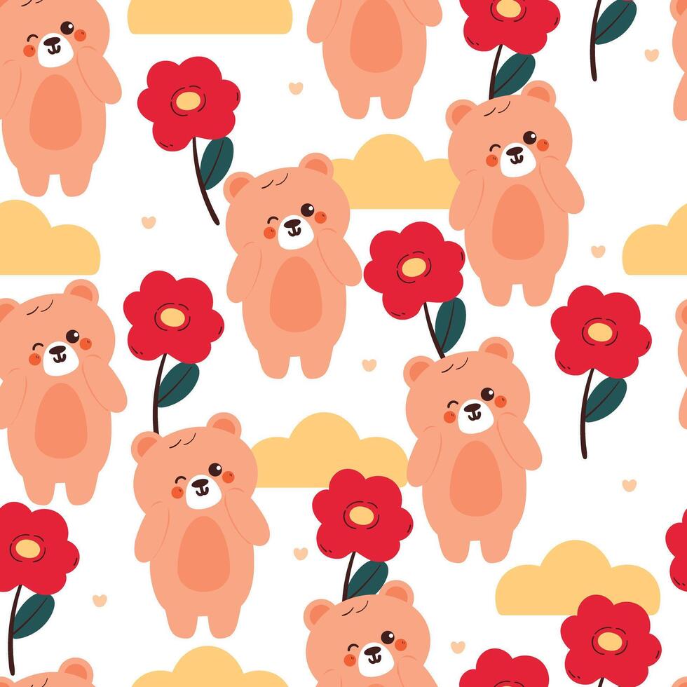 seamless pattern cartoon bear with floral. cute wallpaper for fabric print, gift wrap paper vector