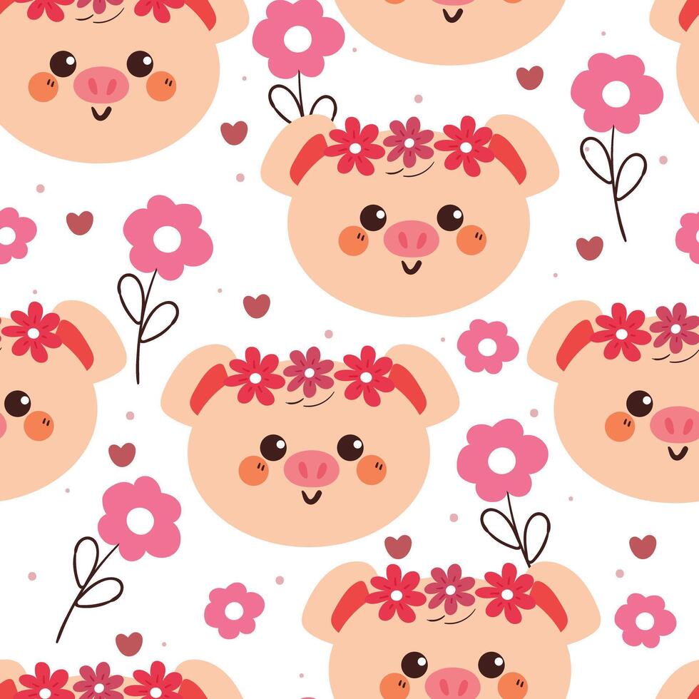 seamless pattern cartoon pig with floral. cute wallpaper for fabric print, gift wrap paper vector
