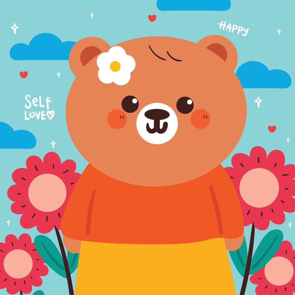 cute card with cartoon bear and flower. animal card with spring vibes vector