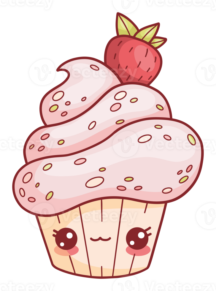 Cream cupcake with strawberry character sticker png