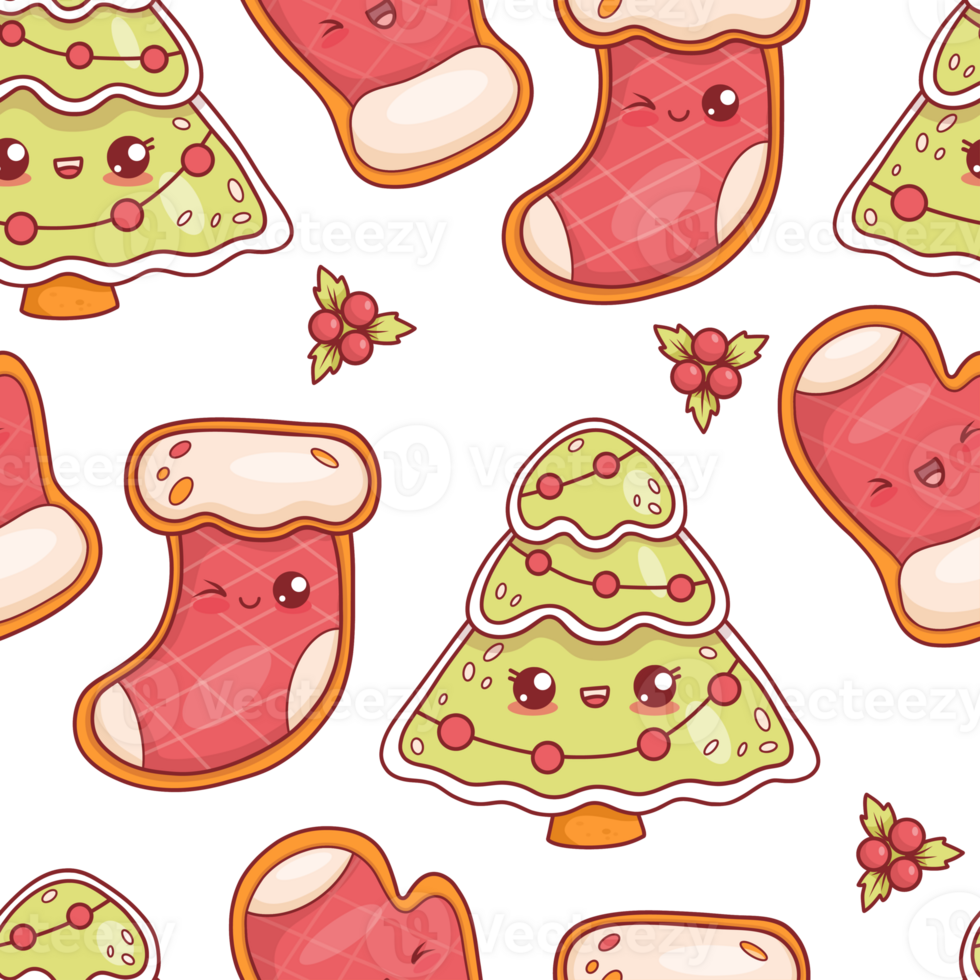 Seamless pattern with Christmas gingerbread tree, stocking and mitten png