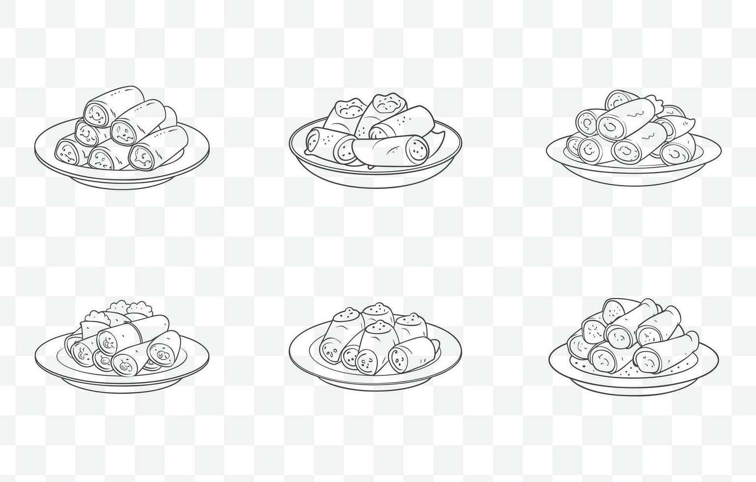 Print Egg Rolls Line Art Set with Detailed Illustrations for Food Designs and Creative Projects vector