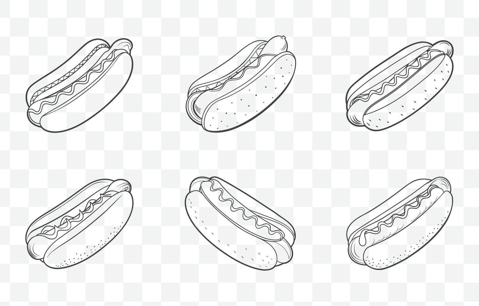 Print Hot Dog Line Art Set with Detailed Illustrations of Classic Fast Food Hotdogs in Various Styles vector