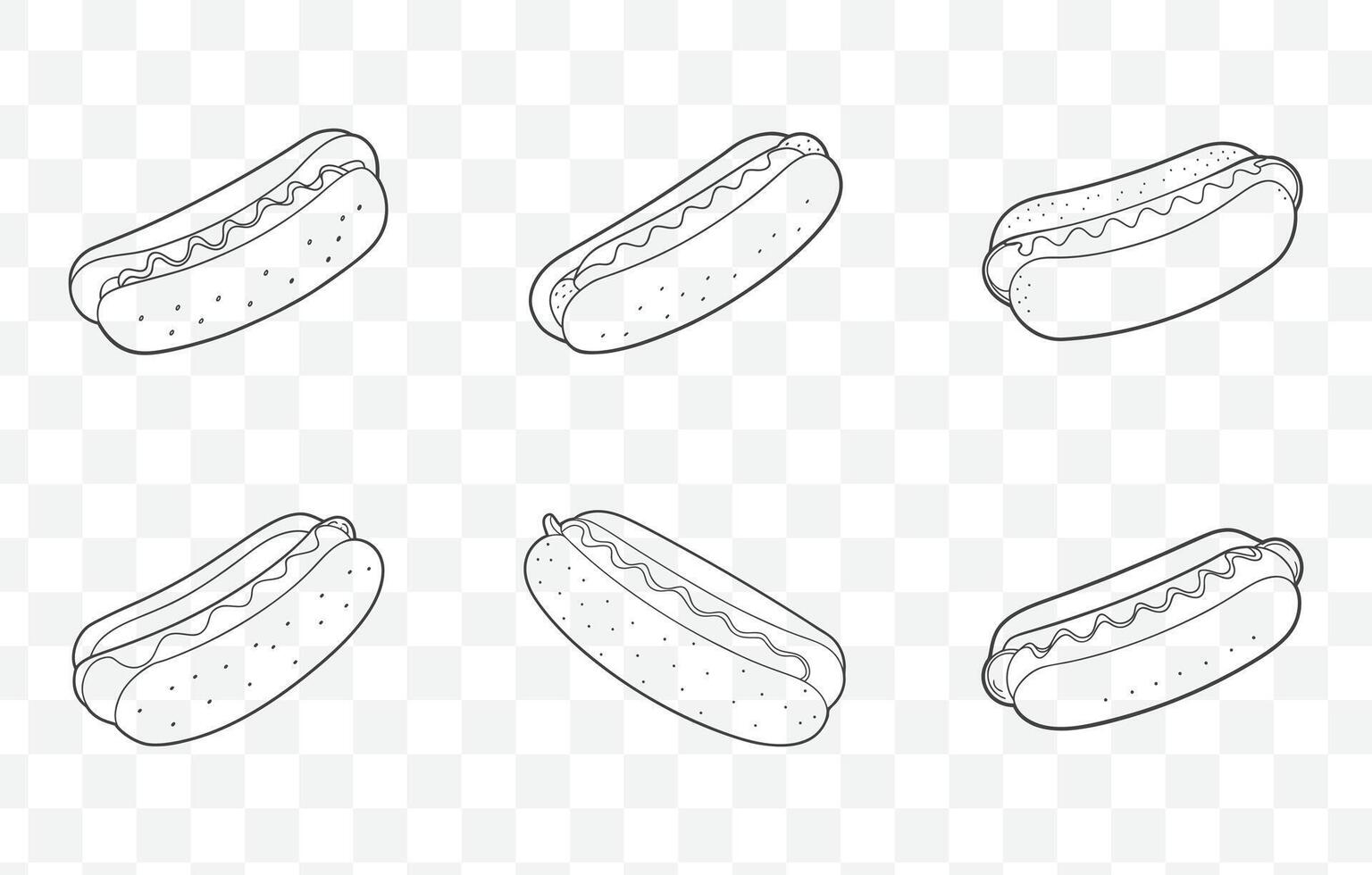 Print Comprehensive Hot Dog Line Art Set Illustrations of Classic and Gourmet Hot Dogs in Detailed Black and White Designs vector