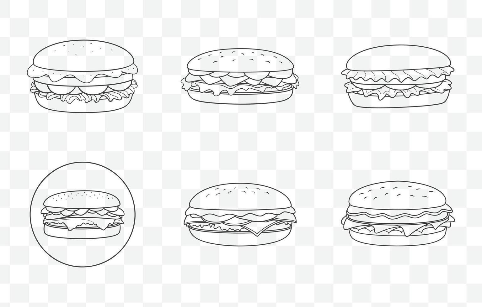Print Roast Beef Sandwich Line Art Set with Detailed Illustrations of Sandwich Ingredients and Assembly Process vector