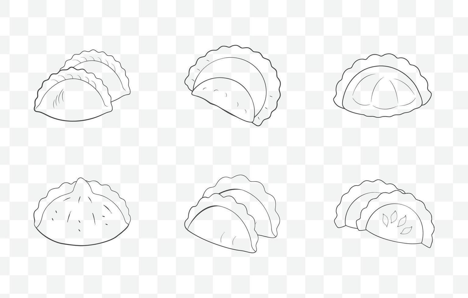 Print Comprehensive Potstickers Line Art Set Featuring Detailed Dumpling Illustrations for Culinary Design vector