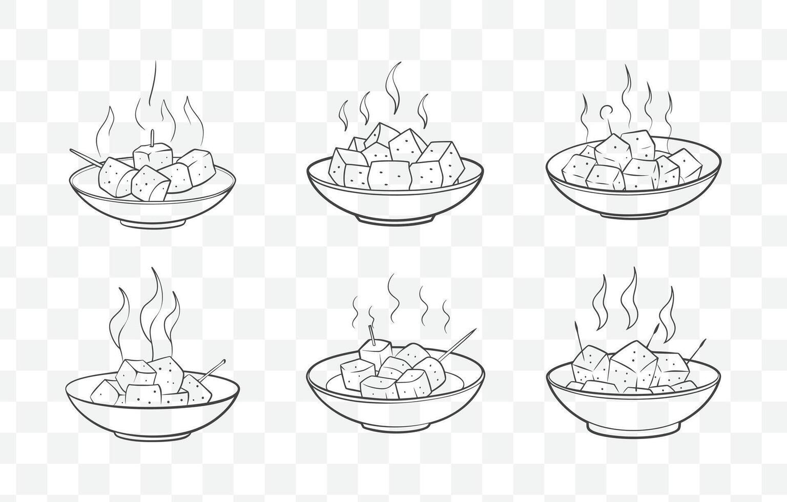 Print Paneer Tikka Line Art Set Detailed Illustration of Indian Grilled Cottage Cheese Skewers for Authentic Cuisine Designs vector