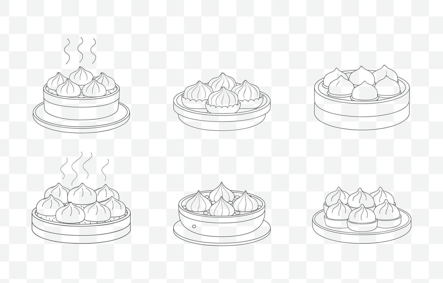 Print Dim Sum Line Art Set with Detailed Dumplings Buns and Asian Cuisine Illustrations for Creative Projects vector