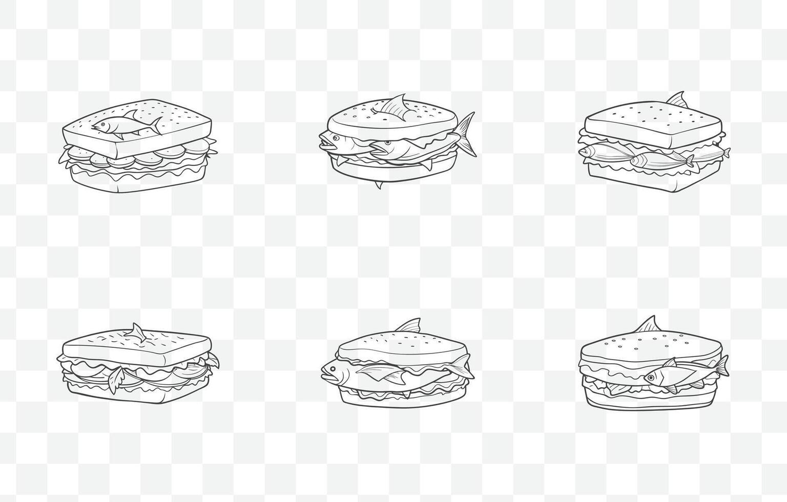 Print Tuna Melt Sandwich Line Art Collection Featuring Classic Grilled Cheese and Tuna Designs vector
