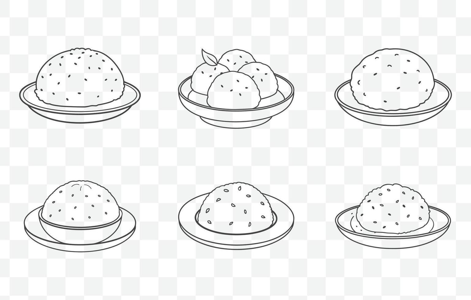 Print Traditional South Indian Idli Line Art Set Featuring Steamed Rice Cakes in Various Styles and Perspectives vector
