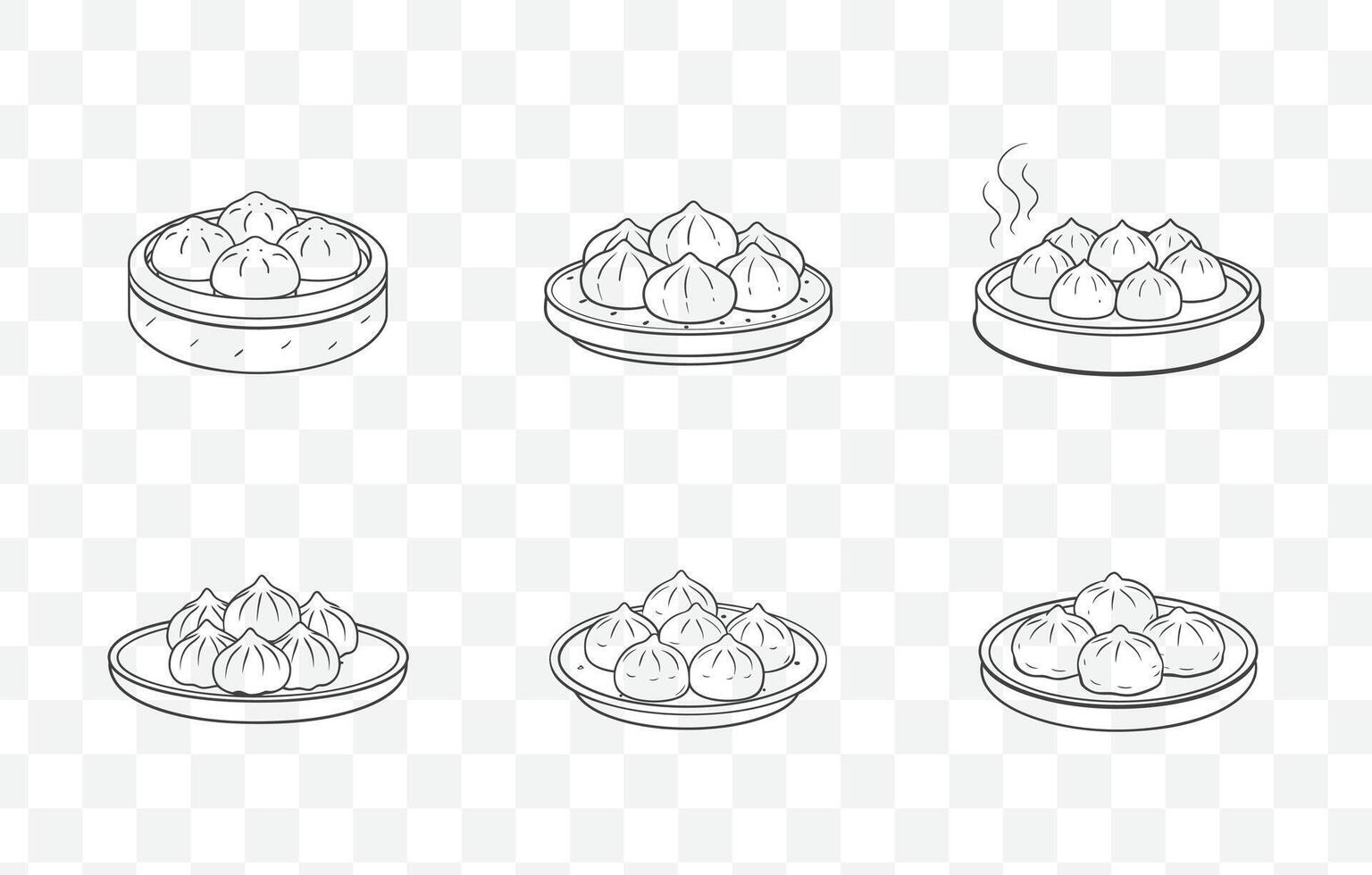 Print Dim Sum Line Art Set Featuring a Variety of Traditional Chinese Dumplings and Steamed Dishes in Intricate Detail vector