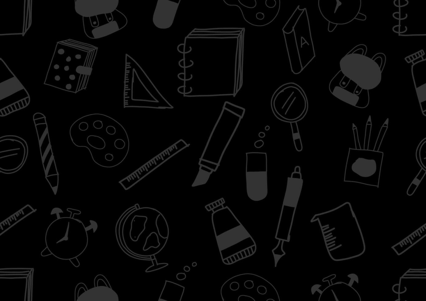 Calculator, notebook, paper, color palette, and school bag doodle art seamless pattern on a black background. For cards, frames, posters, book covers, textiles, wallpaper, wrapping and fabric. vector