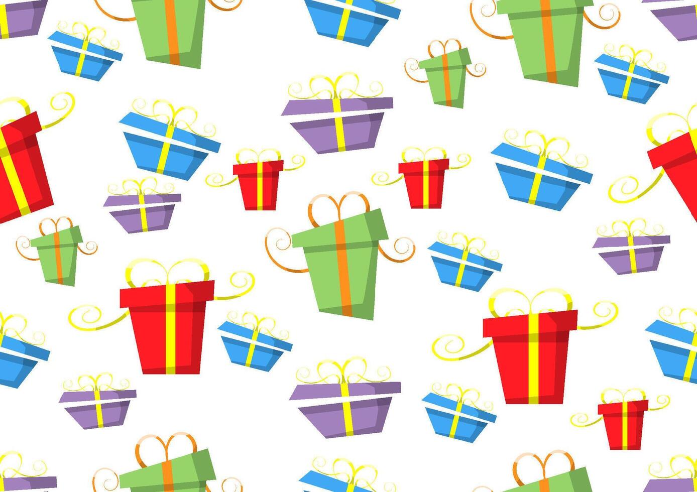 Red, green, purple and blue gift box seamless pattern on a white background. For cards, frames, posters, book covers, textiles, wallpaper, wrapping and fabric. vector