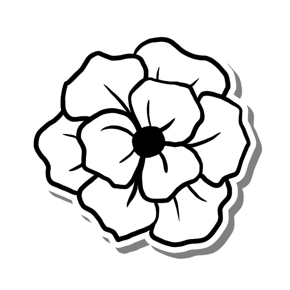 Single Magnolia Outline Blooming on white silhouette and gray shadow. Hand drawn cartoon style. illustration for decorate, coloring and any design. vector