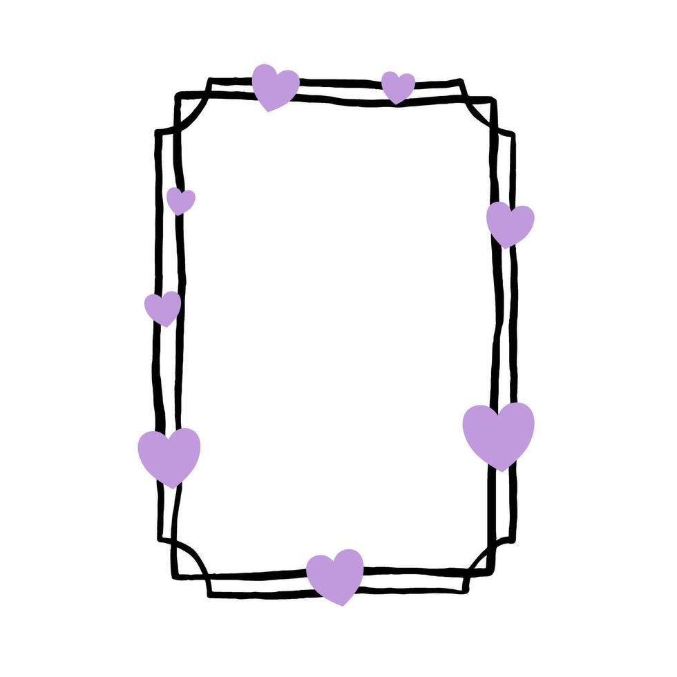 Doodle Line Violet Hearts Vertical Rectangle Frame. Illustration for decorate logo, text, greeting cards and any design. vector