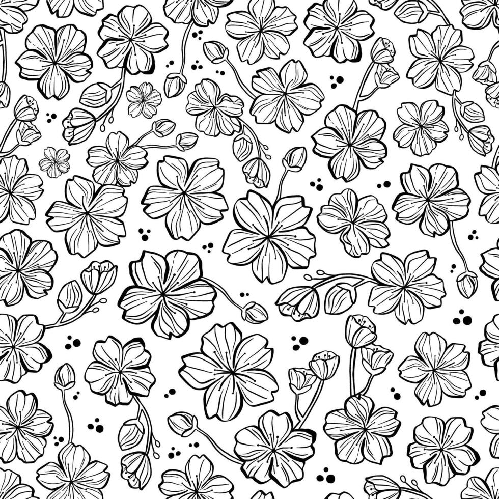 Hand Drawn Doodle Outline Cherry Blossom Seamless Pattern. Design for paper, covers, cards, fabrics, background and any. Illustration about nature. vector