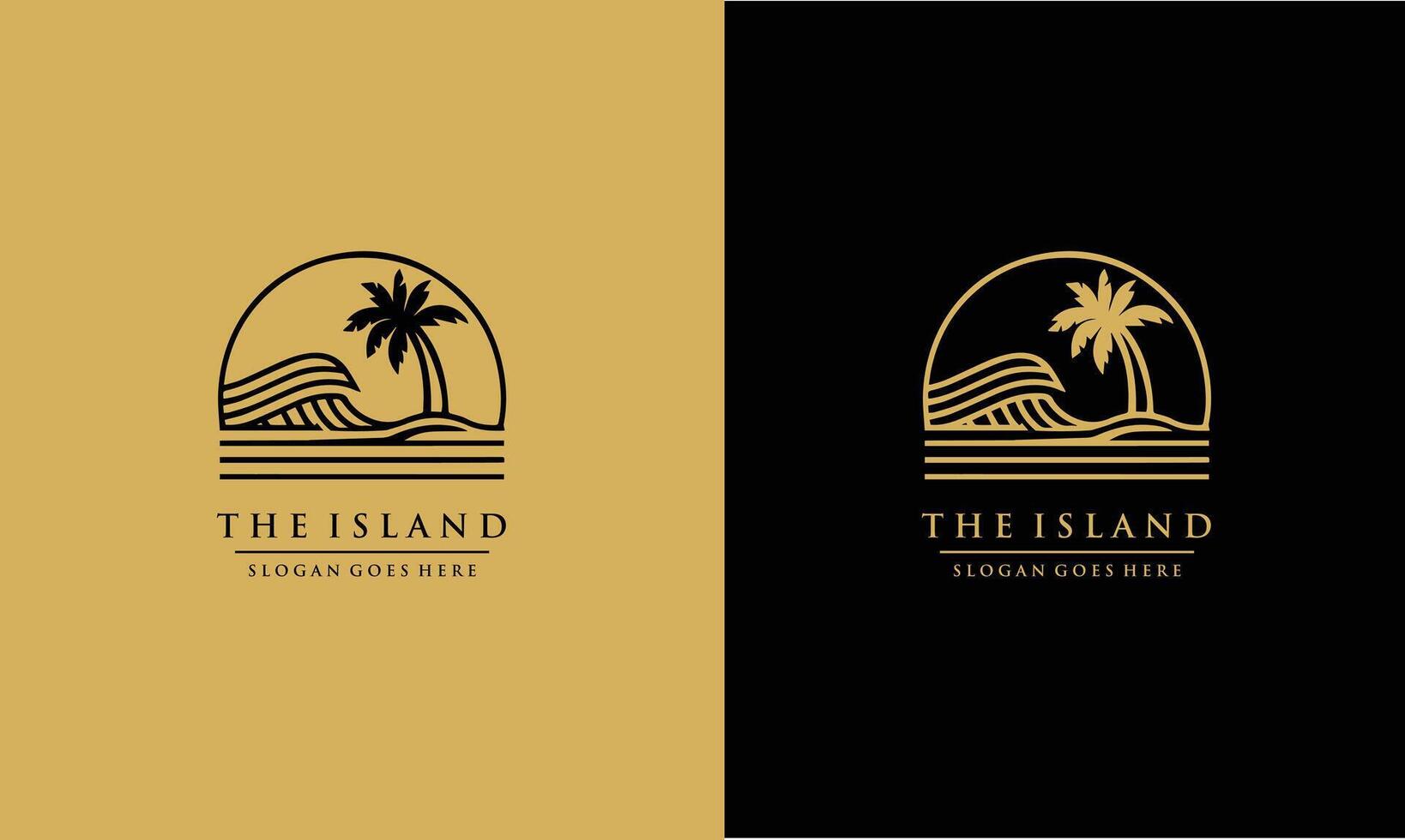 Minimalist the island logo of sun beach waves and palm tree line art. Pro vector