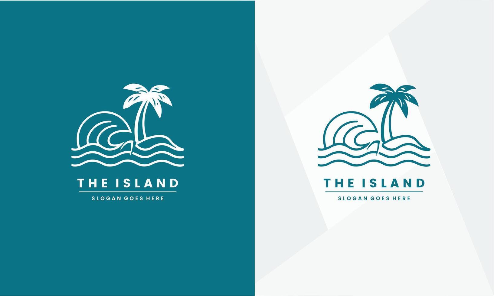 Minimalist the island logo of sun beach waves and palm tree line art. Pro vector