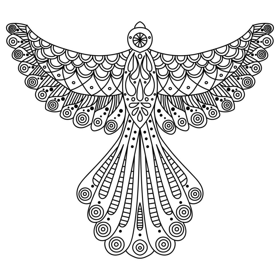 Outline bird with fantasy patterns, meditative coloring page for kids and adult activity vector