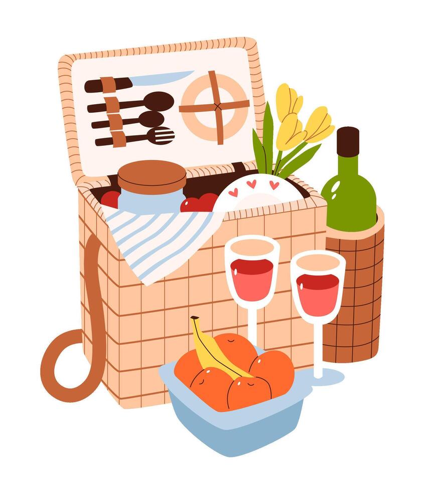 Wicker picnic basket with a bouquet and a bottle of wine. Romantic lunch in nature. Flat illustration vector