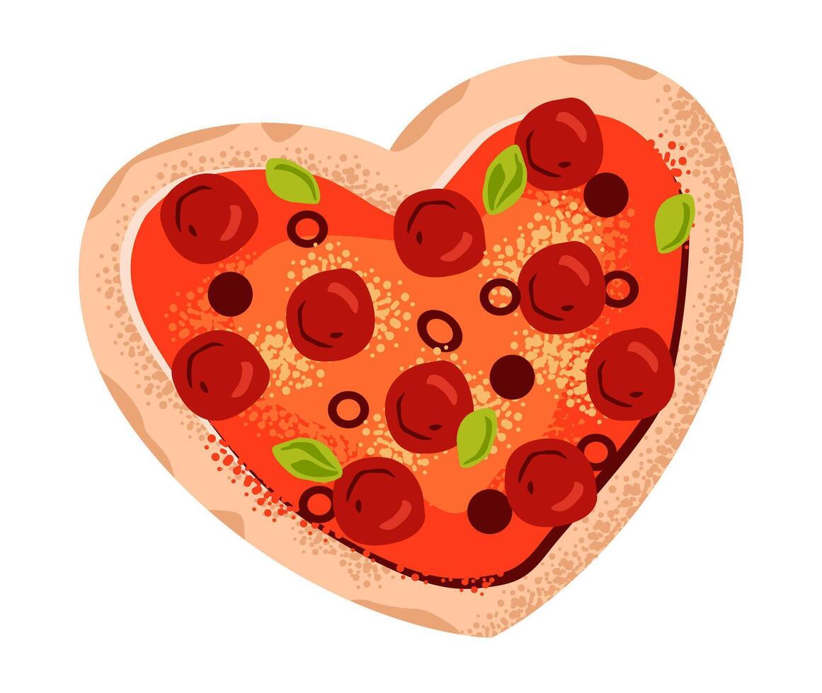 Pepperoni pizza in heart shape isolated on white background. Flat illustration of Italian cuisine. vector